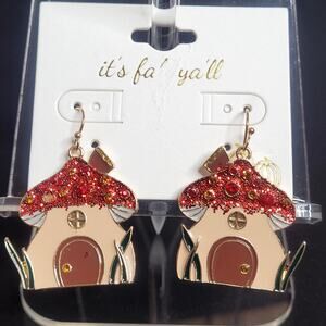 Mushroom‎ House Red Glitter Roof Earrings Forest Fairy Grunge Cottagecore NWT